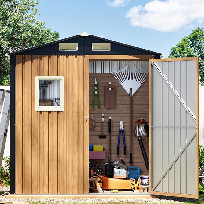 6X4FT Garden Storage Shed with Lockable Door,Steel Tool Shed with 1 Clear Window, Anti-Corrosion Metal Shed for Backyard Patio Lawn (Light Wood Grain)
