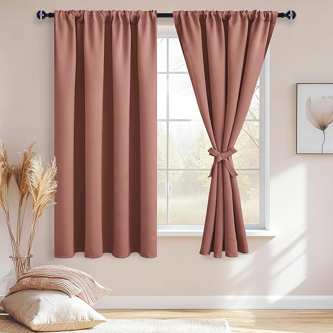 JIUZHEN Blackout Curtains for Bedroom– Thermal Insulated,Noise Reducing Room Darkening Privacy Drapes for Living Room, Set of 2 Panels with Tiebacks, 42 x 63 inch Long, Dusty Rose