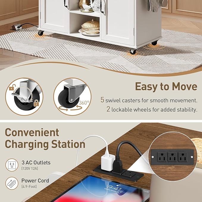 Kitchen Island with Power Outlets & Drop Leaf, Kitchen Cart with Storage, Drawer and Spice Rack, Tower Rack, Island Table, White and Walnut