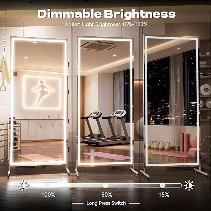 Hasipu Home Gym Mirror with Light 360° Swivel on Wheels, 79" x 40" Extra Large Full Length Rolling LED Mirror for Yoga Studio, Bedroom, Dancing Studio, White