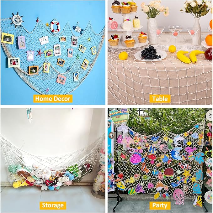 2 Pcs Fish Net Decorations, 39x78 Inch Cotton Nautical Themed Fishing Net, Wall Hanging Photo Display Fishnet for Coastal Bedroom Bathroom, Pirate Beach Under The Sea Party Decor, Bleached White