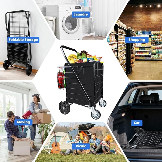 Folding Shopping Cart with Removable Waterproof Liner, 450LBS Capacity Grocery Cart with 39.5 Gal Dual Basket & 360° Swivel Wheels, Heavy-Duty Wagon for Grocery Shopping Laundry Transport