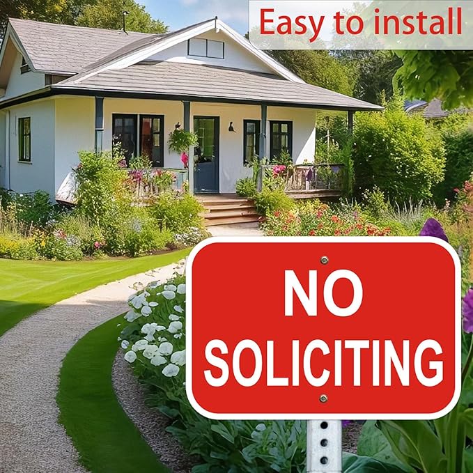 2 Pack No Soliciting Sign, Heavy Duty Aluminum, 12 x 8 inches, Red and White, for Home and Business