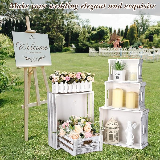 5 Pack Decorative Wood Crates for Display 5 Sizes Rustic Nesting Wooden Crates Vintage Storage Container Boxes with Handles Handmade Decorative Baskets Bin for Farmhouse(Vintage White)