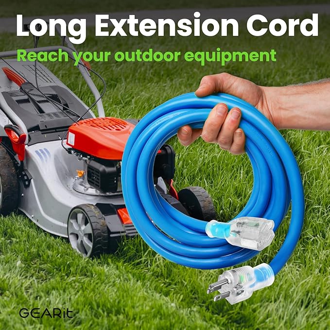 GEARit Outdoor 12 AWG Gauge 3 Prong Plug, Extension Cord, Ultra Heavy Duty SJEOW, 12/3, for Indoor/Outdoor, LED Lighted Plug, Resistant Rubber Jacket, Extreme Weather, 100 Feet, Blue