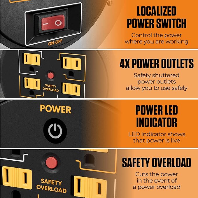 Masterplug 1ft Cord Reel, Metal Cable Drum, Retractable Extension Lead with Winding Handle, Safety Overload Circuit Breaker and Power Switch, 4x Grounded Outlets, 15amps, 12AWG Cable