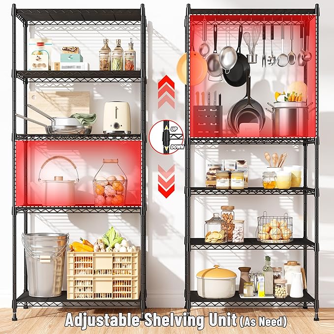 5-Tier Shelf, Shelves Capacity 1010LBS,Storage Shelves Adjustable Wire Shelving,Metal Shelving Unit Storage Rack for Kitchen Pantry Closet Laundry School Commercial 59.4" Hx21.5 W x13.6 D