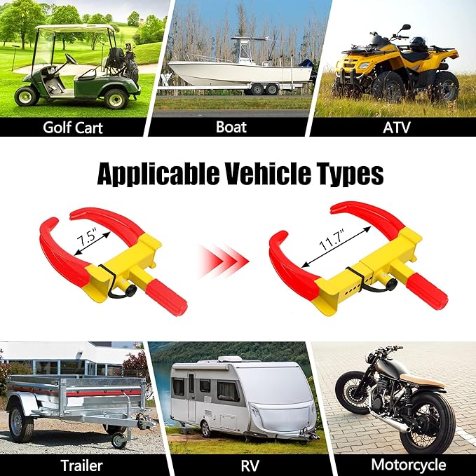 KAYCENTOP Wheel Clamp Lock Universal Security Tire Locks Anti Theft Lock Fit Most Vehicles Max 11" Tire Width for Trailers SUV Boats ATV's Motorcycles Golf Cart Yellow/Red 2 Packs 6 Keys Alike