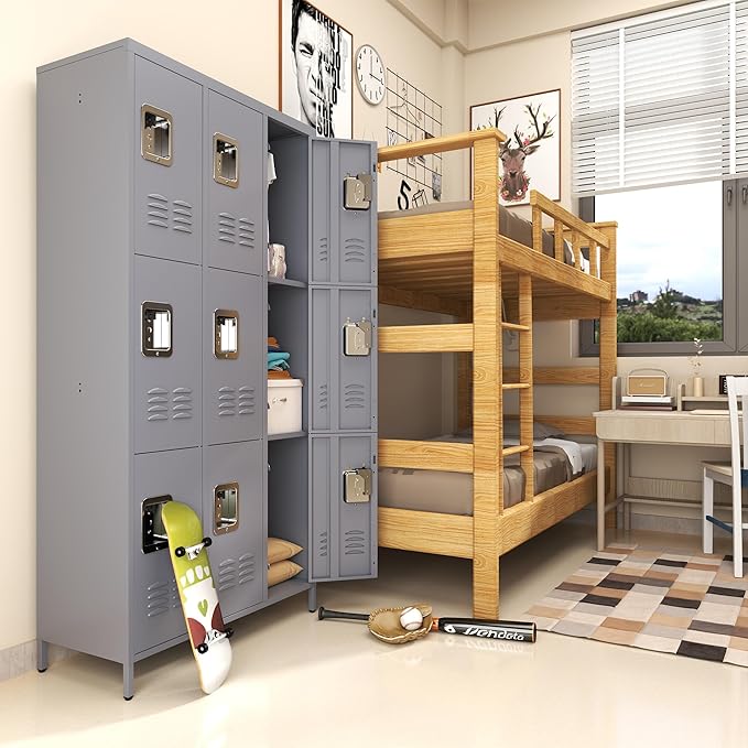 9 Doors Locker Storage Cabinet, Metal Lockers for Office, School, Gym, Home, 72" Tall, Require Assembly (Grey)