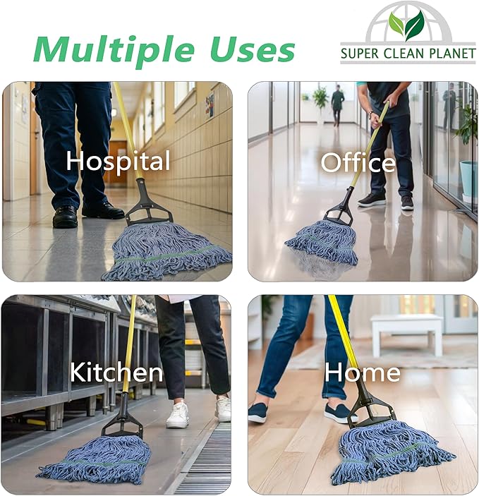 Super Clean Planet Heavy Duty Mop Head Refill (3-Pack) – Industrial Blue Cotton, Looped-End Wet Mop Heads for General, Commercial, Janitorial & Floor Cleaning