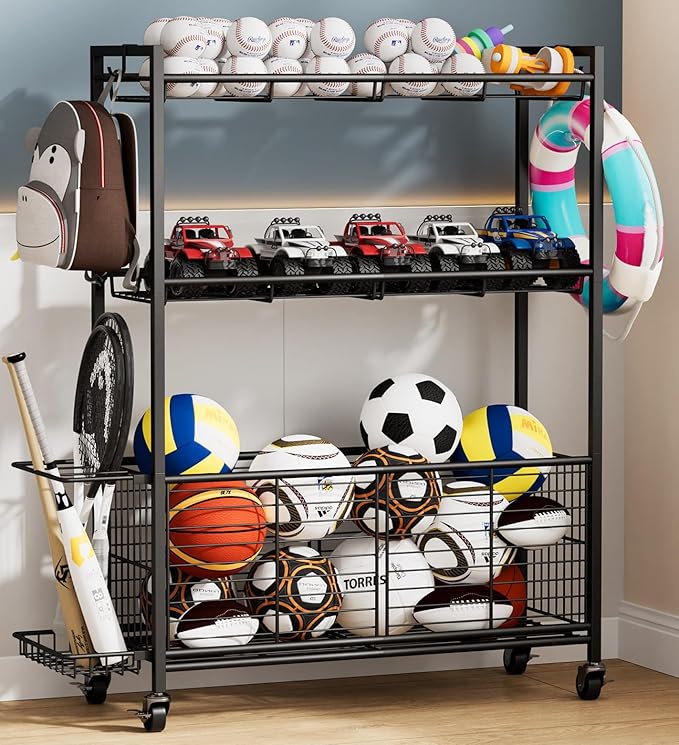 Large Garage Sports Equipment Organizer with Wheels, 3-Tier Ball Storage Rack for Basketballs, Soccer Balls & Sports Gear, Outdoor Sports Organizer with Bat Holder & Hooks, Toy Storage Bin