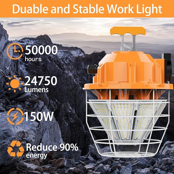 150W LED Temporary Work Light 24750Lm 5000K Daylight Bright Construction Lights Portable Hanging Light IP65 Waterproof, Temp Lighting Indoor Mine Workshop High Bay Outdoor Jobsite