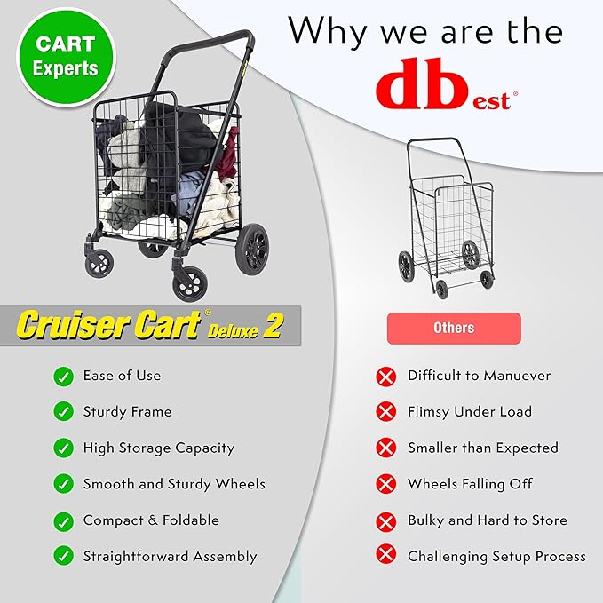 dbest Products Cruiser Cart Deluxe 2 Shopping Grocery Rolling Folding Laundry Basket on Wheels Foldable Utility Trolley Compact Lightweight Collapsible, Black