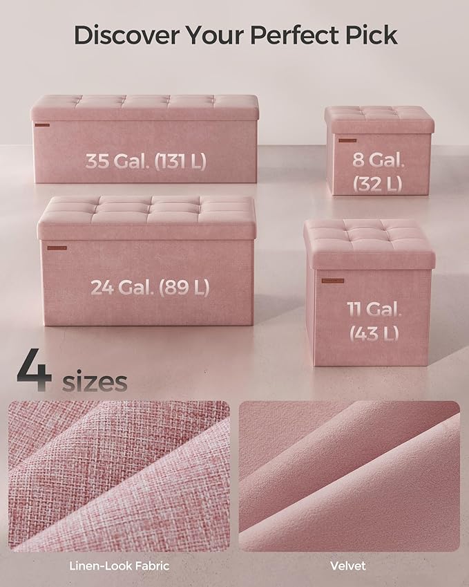 SONGMICS Small Storage Ottoman, Folding Ottoman Cube, 15 x 15 x 15 Inches, Footstool, Footrest, 11 Gal. (43 L), Velvet Surface, for Bedroom, Living Room, Dorm, Jelly Pink ULSF227R01