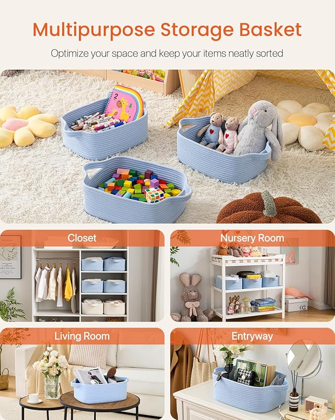 KALLAX Small Woven Basket, 14 x 10 x 5.6 Inches, Small Storage Baskets for Organizing, Gift Baskets Empty, Cute Rope Shelf Closet Storage Bins for Shelves, Dog Toy Basket, Light Blue