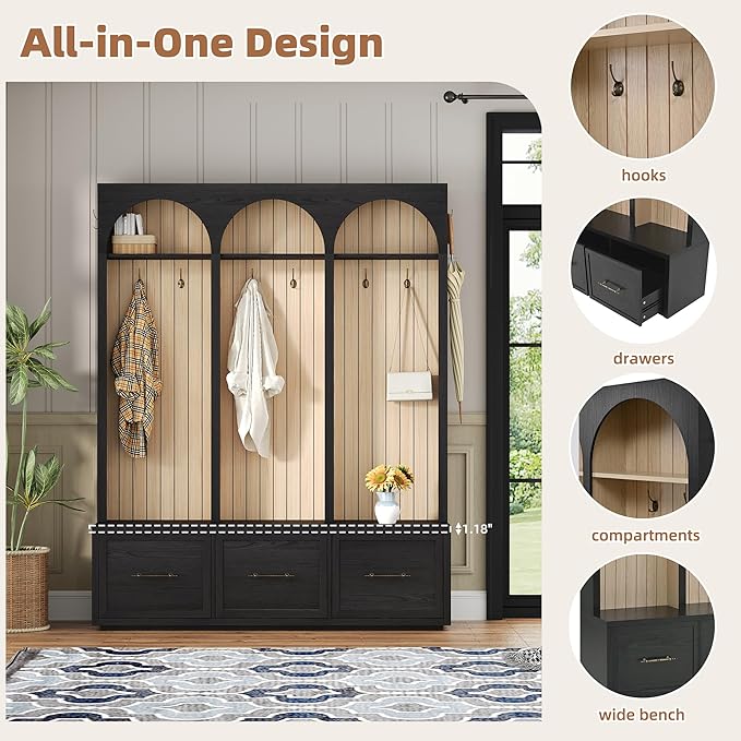 Merax Farmhouse Wood Hall Tree with 8 Hooks and Shoe Bench, Mudroom Versatile Coat Racks with 3 Drawers, Entrance Organizer for Hallway Black