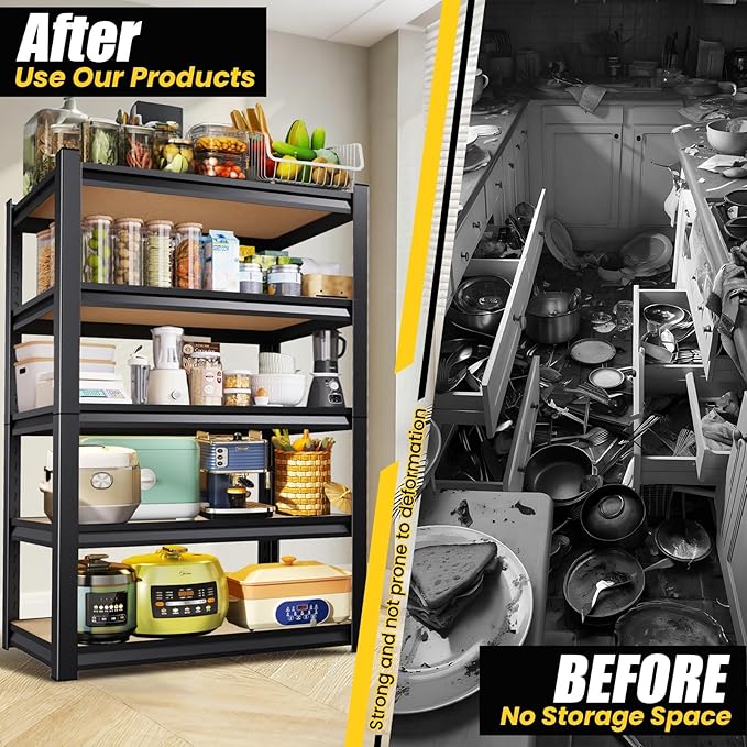 72”H*46”W Garage Shelving Heavy Duty Storage Shelves, 5-Tier Metal Adjustable Shelving Unit 2500LBS Utility Garage Organizer Shelf Rack for Pantry, Kitchen, Warehouse, Black, 2 Pack