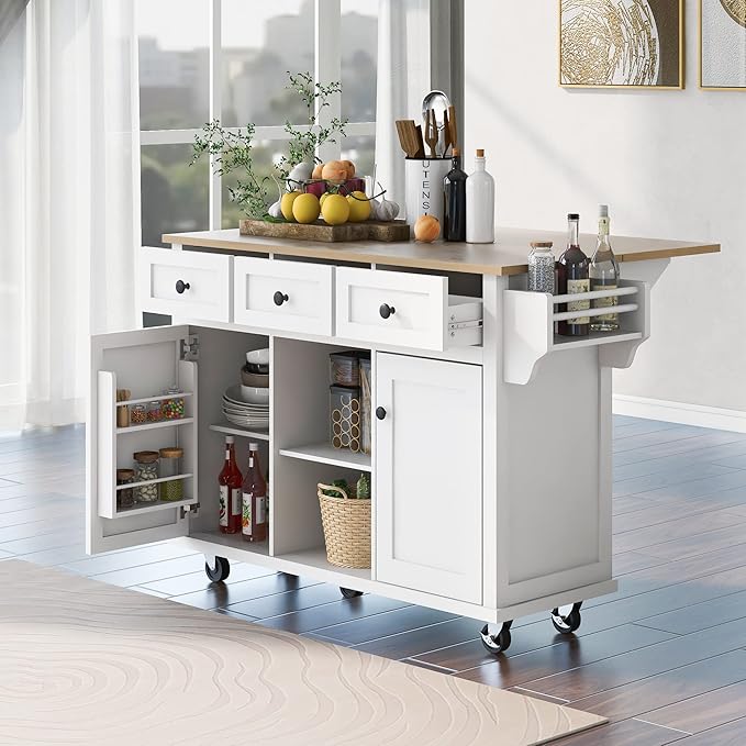 Yayzy Rolling Kitchen Island with 2 Bar Stools, Drop Leaf, Cabinet Door Storage Racks & 3 Drawers, Mobile Kitchen Cart with Rubberwood Top & Locking Wheels for Dining Room & Kitchen, 53-Inch, White