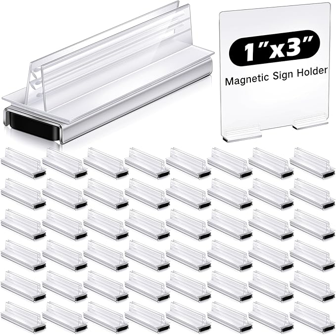 Thyle 12 Pack Magnetic Sign Holder Grip Holder, Powerful Magnet, 3" Length, 1" Width, 1" Total Height for Retail Wall Display Store Vendor Event Warehouse and Shop Supplies, Clear