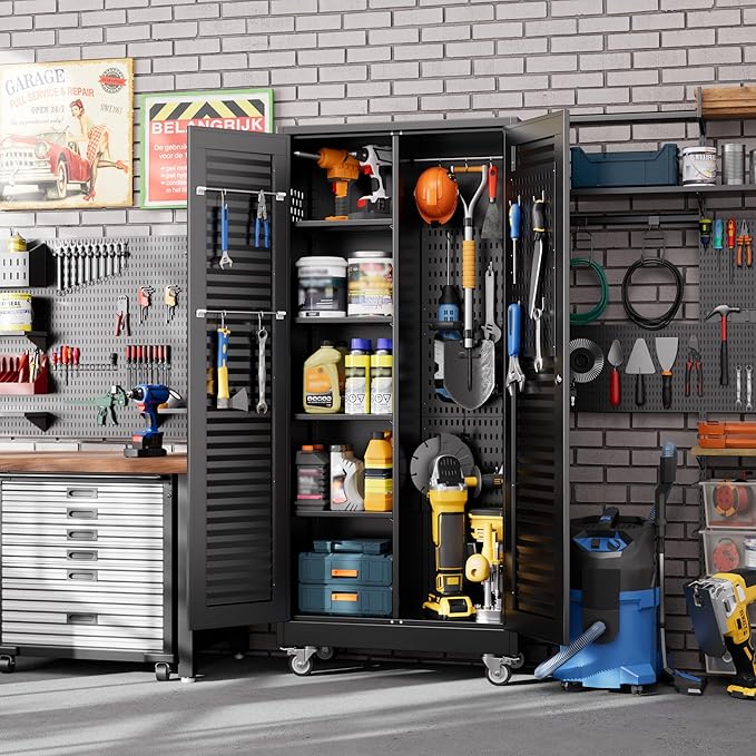 Mop and Broom Closet Storage Cabinet with Wheels and Pegboard,Metal Garage Storage Cabinet with Doors and Adjustable Shelves for Garage Home,Required Assembly,Black