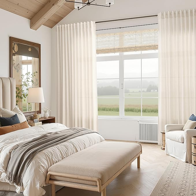Nanspring Natural Linen Curtains 63 Inch Length for Living Room Country Light Filtering Semi Sheer Curtains Farmhouse Decor Curtain for Bedroom Dinner Room Back Tab and Rod Pocket 52x63, 2 Panels