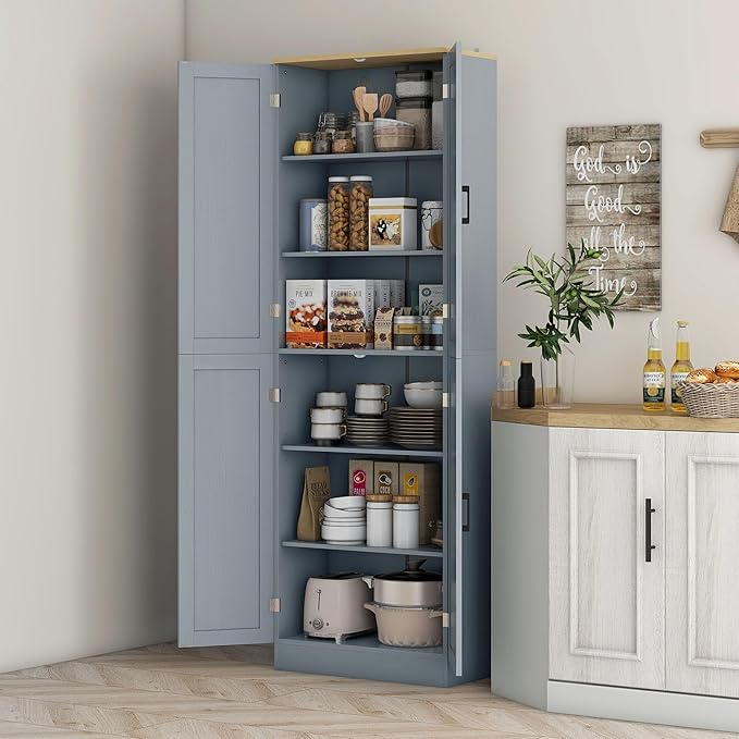 HOMCOM 67" Freestanding Kitchen Pantry, 4-Door Storage Cabinet Organizer with Adjustable Shelves, Kitchen Cabinet with Doors and Shelves, Distressed Gray
