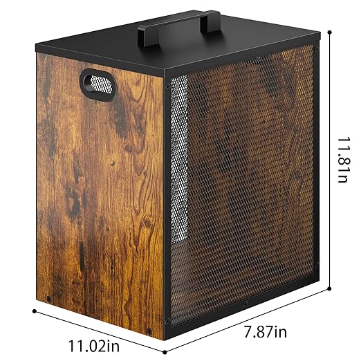 Office Garbage Can With Lid - Iron and Wood Combination Bedroom Garbage Can, Retro Industrial Style Trash Can with Handle, Rectangular Design Wastebasket for Home Office, 4.5 Gallon (Patent Pending)