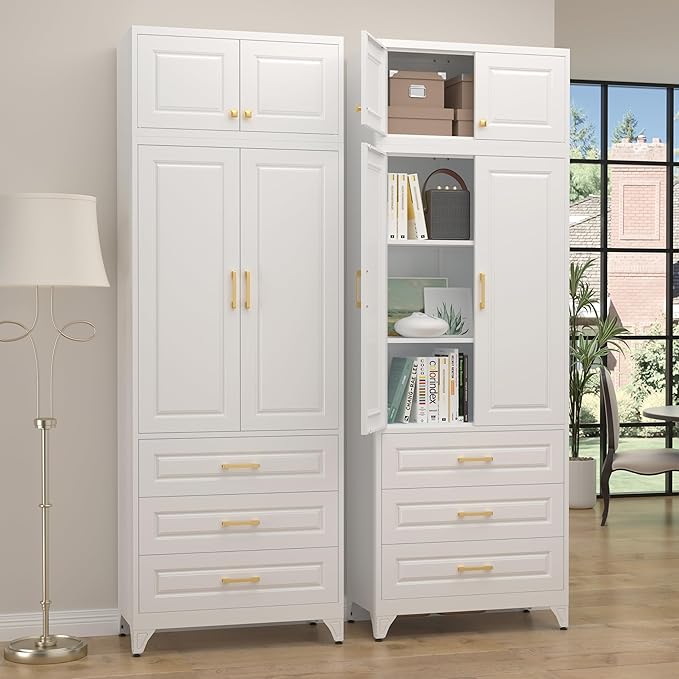 90" Kitchen Pantry Cabinet with 3 Drawer,Metal Storage Cabinets with Doors and 4 Adjustable Shelves,White Kitchen Cabinet with 2 Gold Handles,Food Cupboard for Livingroom,Pantry, Bathroom