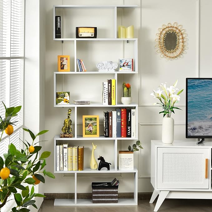 Tangkula 6 Tier S Shaped Bookshelf, 31.5''L x 9''W x 75''H, Wooden Bookcase and Bookshelves w/Anti-Toppling Device, Room Divider Display Shelves for Living Room, Home Decor, 6 Shelf Bookshelf