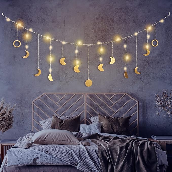 Moon Phase Wall Decor with LED String Light, 13 Gold Wood Boho Wall Hanging Decor Mood Garland 56'' - Celestial Phases Moon Decoration in Bohemian Style for Bedroom Living Room Thanksgiving Day Gifts