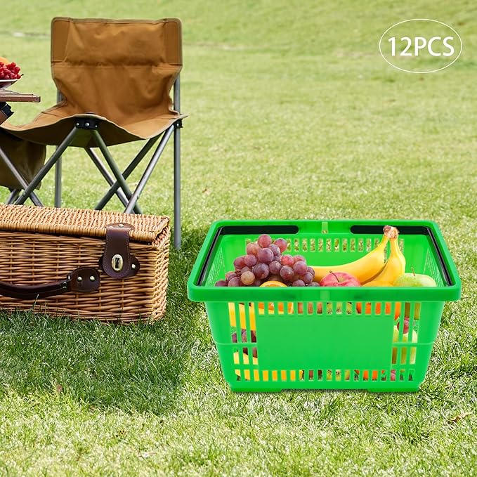 12PCS Green Plastic Shopping Baskets with Handles, Portable Retail Baskets Grocery Basket with Handles,18L Hand Shopping Basket Set for Stores, Supermarket, Retail, Groceries Carrying