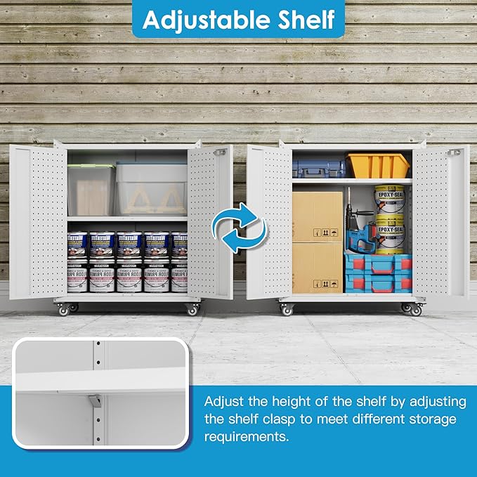 Garage Storage Cabinet with Wheels & Pegboard, 34.3" H Locking Metal Storage Cabinet with Doors and Shelf & 4 Hooks for Garage, Home, Workshops, Small Tool Cabinets, Assembly Required, White