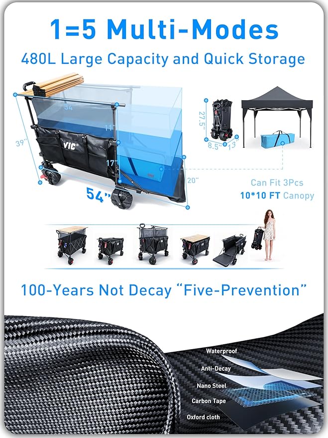 VIC 680lbs Super Cart & Table 1=5 Set, 480L Mega Capacity 54" Extra Long Double Decker Folding Wagon, Heavy Duty Collapsible Carts with Brakes, All-Terrain Big Wheels for Camping, Store, Shopping
