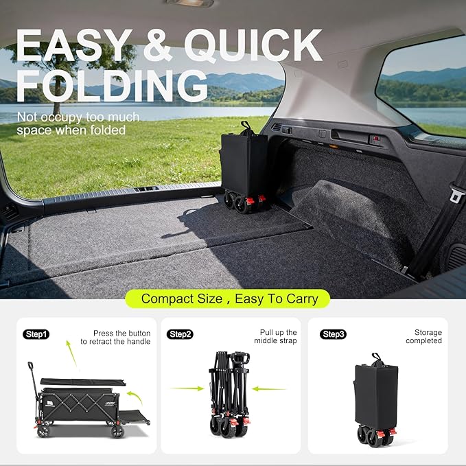 Collapsible Wagon Cart with Extended Tailgate,Heavy Duty Folding Cart, 155L Foldable Utility Wagons for Beach, Picnic, Grocery, Outdoor Camping(Black)