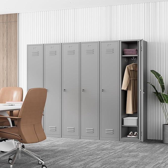 Bestoo Metal Locker,71" Storage Cabinet with 1 Lockable Door and Hooks, Tall Freestanding Wardrobe for Employees, Gym, School, Home and Office (Gray)