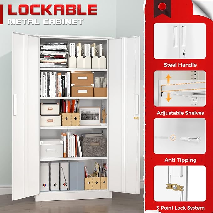 Superday Metal Garage Storage Cabinet with Lock, 71" H Lockable Storage Cabinets with Doors and 4 Adjustable Shelves, Locking Cabinet for Office, Home, Garage, Gym, School (White)