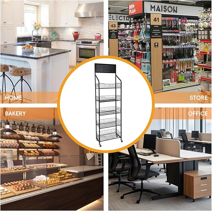 5 Tier Snack Rack Display Stand - Retail Display Shelves with Top Pegboard, 15 Hooks, Bakery Display Rack on Wheels for Easy Mobility and Organization (5 Tier - Black)