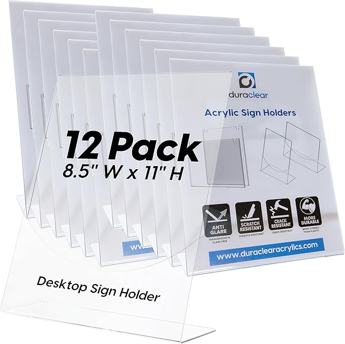 DuraClear Acrylic Sign Holders 8.5 x 11 - Extra Thick and Durable Desktop Paper Sign Holders - Perfect for Retail and Booth Display Supplies - 12 Pack, Portrait
