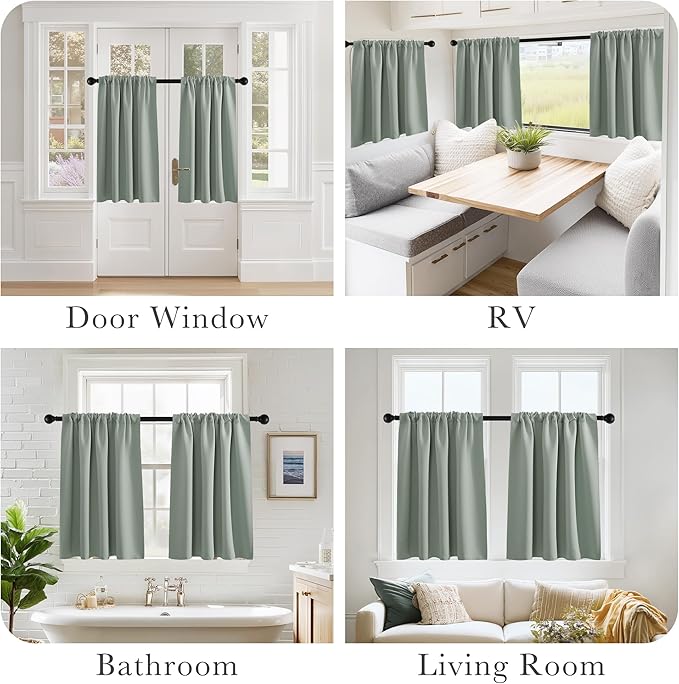 PONY DANCE Sage Green RV Curtains for Camper Windows, Rod Pocket Half Window Drapes for Basement, Privacy Blackout Energy Saving Curtains, Wide 29 x Long 24 inches, 2 Pcs