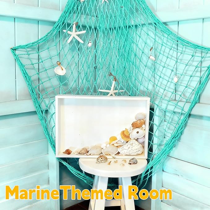 2 Pcs Fish Net Decorations, 39x78 Inch Cotton Nautical Themed Fishing Net, Wall Hanging Photo Display Fishnet for Coastal Bedroom Bathroom, Pirate Hawaiian Beach Under The Sea Party Decor, Sea Blue