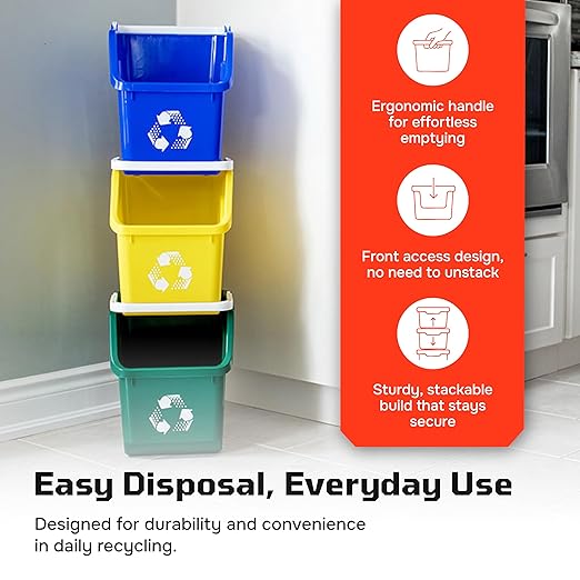 Multi Bin Recycling System with Six Stackable 6 Gallon Recycle Bins to Build Your Recycling Center for Offices, Kitchen, Garages, Businesses - (Red, 6 Pack)