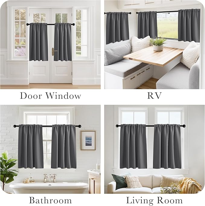 PONY DANCE Grey Short Window Curtains for Kitchen 24 inch Long, 2 Panels Set Half Window Drapes for Bedroom Basement, Blackout Small Curtains for Travel Trailers, Width 29 x Length 24 inches