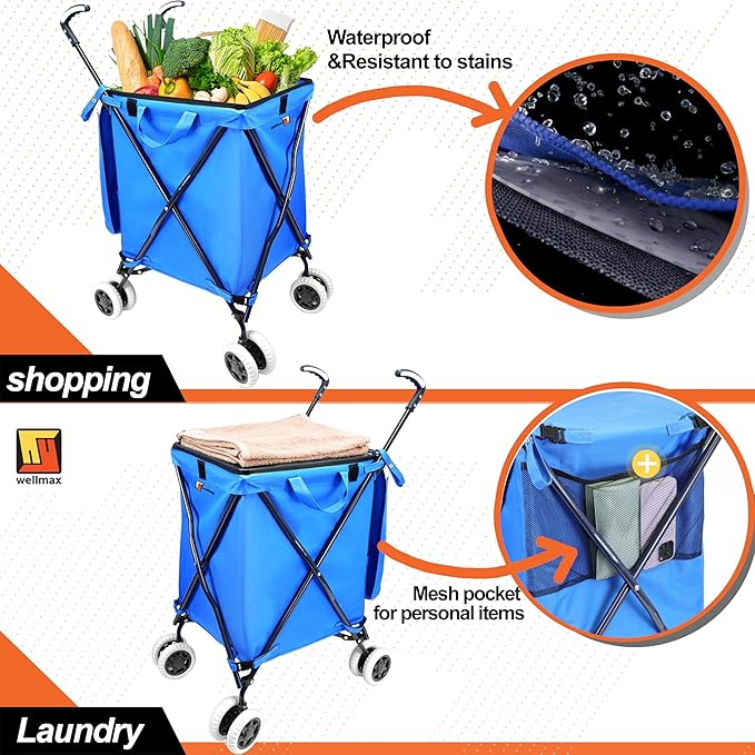 Foldable Shopping Cart with Wheels – Wellmax WM99100 Series Grocery Cart on Wheels with Removable Canvas Bag & Cover, Portable Utility Cart for Laundry, Groceries & More – Holds 120 lbs (Blue)