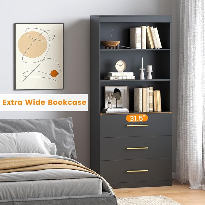 Winkalon 71" Tall Black Bookshelf with Drawers, Bookcase and Bookshelf with 3-Tier Open Shelves, Tall Bookcase Tall Storage Cabinet for Home Office Living Room, 15.8" D x 31.5" W x 71" H