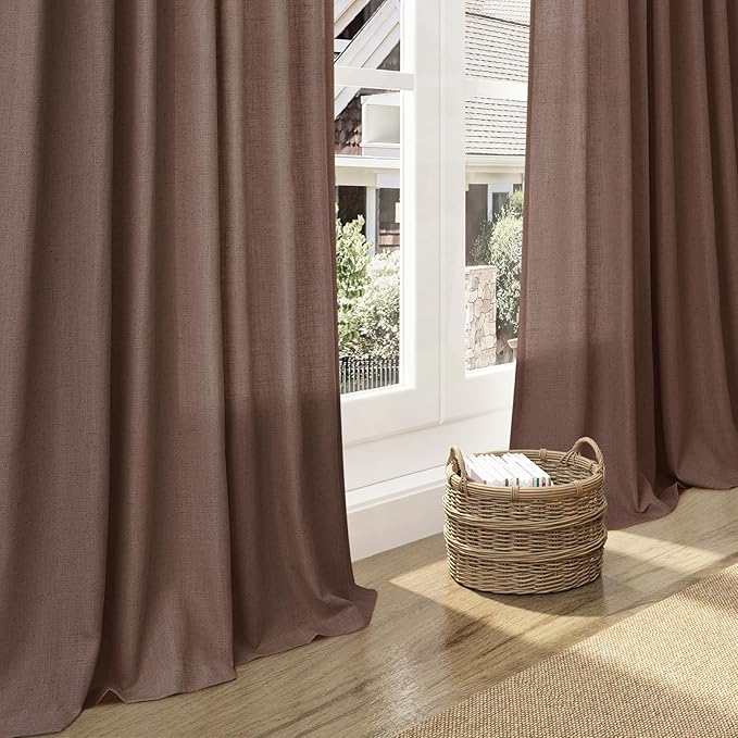 Mocha Mousse Semi Sheer Linen Blend Curtains 108 Inches Long 2 Panels Set Back Tab Loop Pocket Light Filtering Boho Large Window Decor for High Ceiling Living Room 52x108