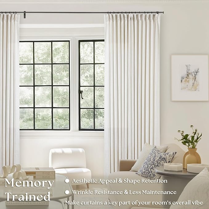 Natural Linen Pinch Pleated Curtains 120 Inches Long for Living Room Pleated Drapes Hooks Back Tab Thick Linen Textured Boho Farmhouse Cream Ivory Birch Extra Long 120 Inch Curtain for Dining Bedroom