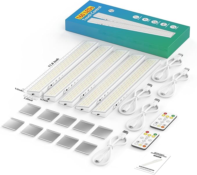 160LEDs Touch-Control Under Cabinet Lighting w/4000mAh Battery, Cordless Motion Sensor Under Counter Lights for Kitchen, Magnetic Rechargeable Closet Lights - 5Pack/White, 2025 Fall