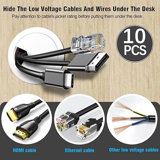 2" Spring Desk Grommet, JTemgle Plastic Cable Hole Cover Computer Table Cord Wire Organizer Caps Desktop Cord Management for Home Office TV Stands Tabletops - White, 10 Pcs