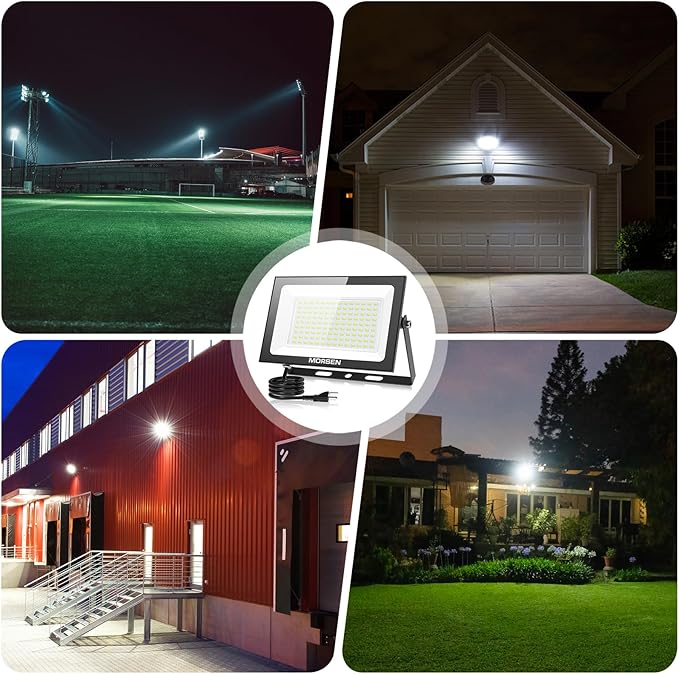 MORSEN 100W Flood Lights Outdoor, 18000lm Bright LED Work Light with Plug, 6500K Daylight White LED Flood Lighting, IP66 Waterproof Security Yard Lights for Yard Garage Stadium 2 Pack