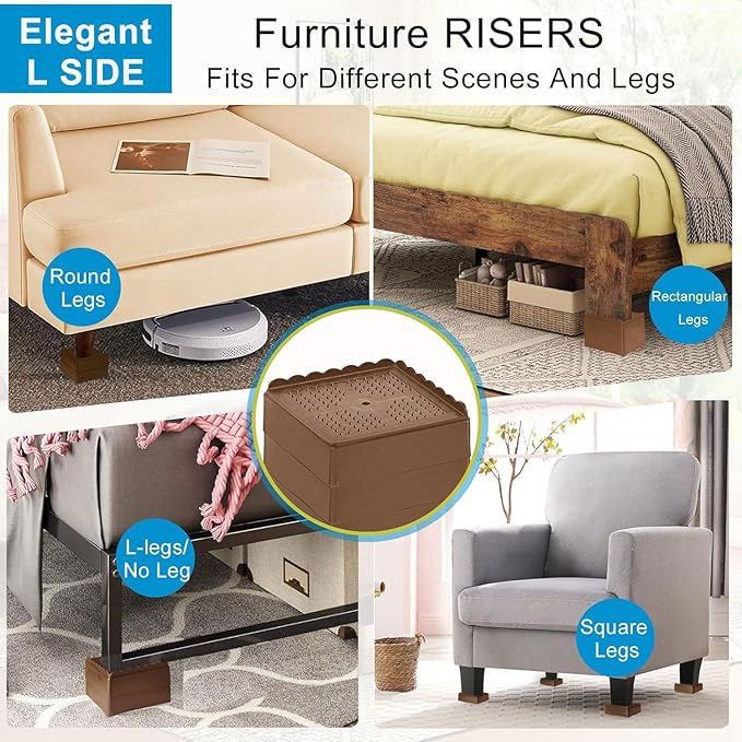 Bed Risers 1 inch, 2 inch, 3 inch, 4 inch Heavy Duty, Adjustable Furniture Riser for Table Desk Couch Sofa Chair Recliner Leg Frame Dorm, Stackable Bed Raisers Blocks (Brown 4 Pack, 1+1 inch)